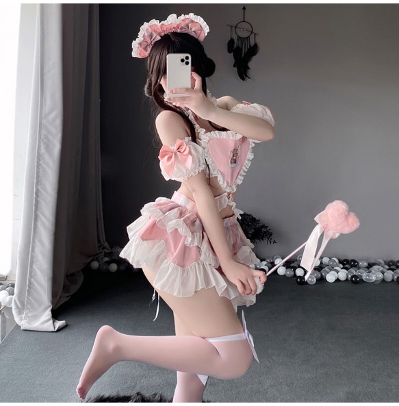 FEE ET MOI - Cute Maid Heart-Shaped Backless Dress With Stockings (Pink - White)